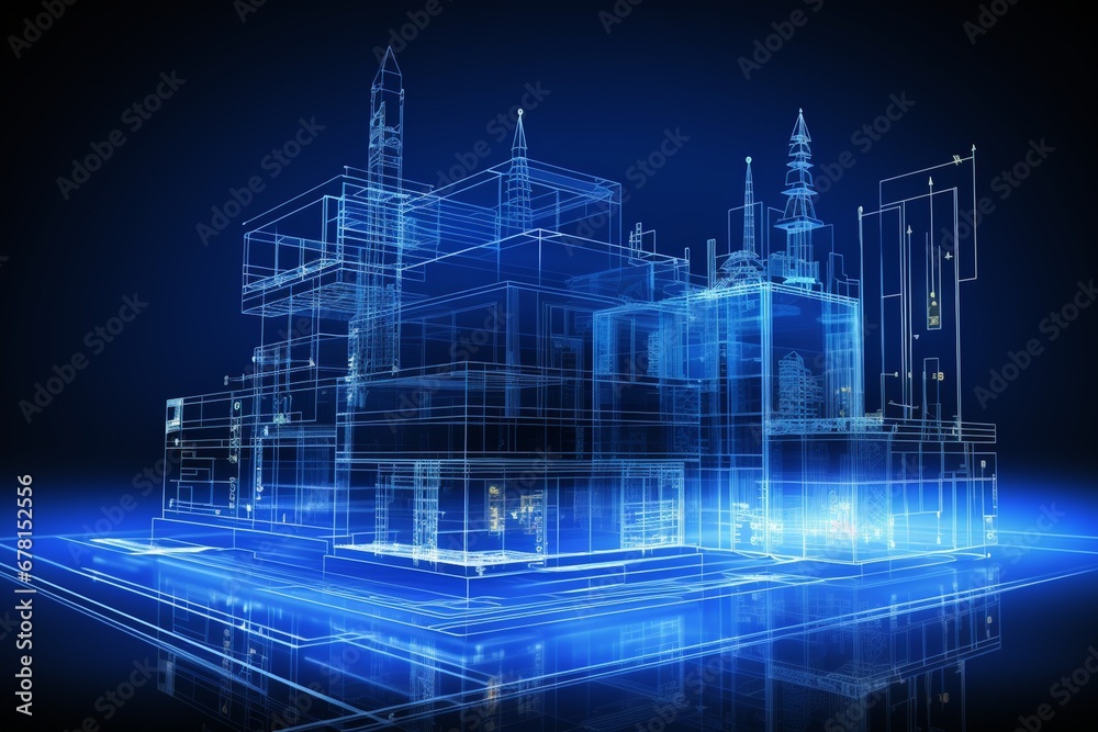 Fototapeta premium scan line blueprint building 3d perspective