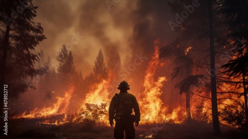 Firefighters team battle a wildfire because climate change and global warming is a driver of global wildfire trends. photo