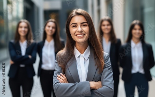 Portrait of a successful businesswoman standing in office with colleagues in background. Happy looking female professional with her arms crossed.