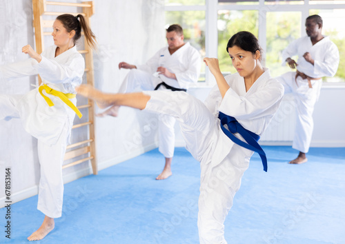 In gym, certified master coach conducts karate kata lesson with multinational students group and shows sequence of actions when conducting close fight