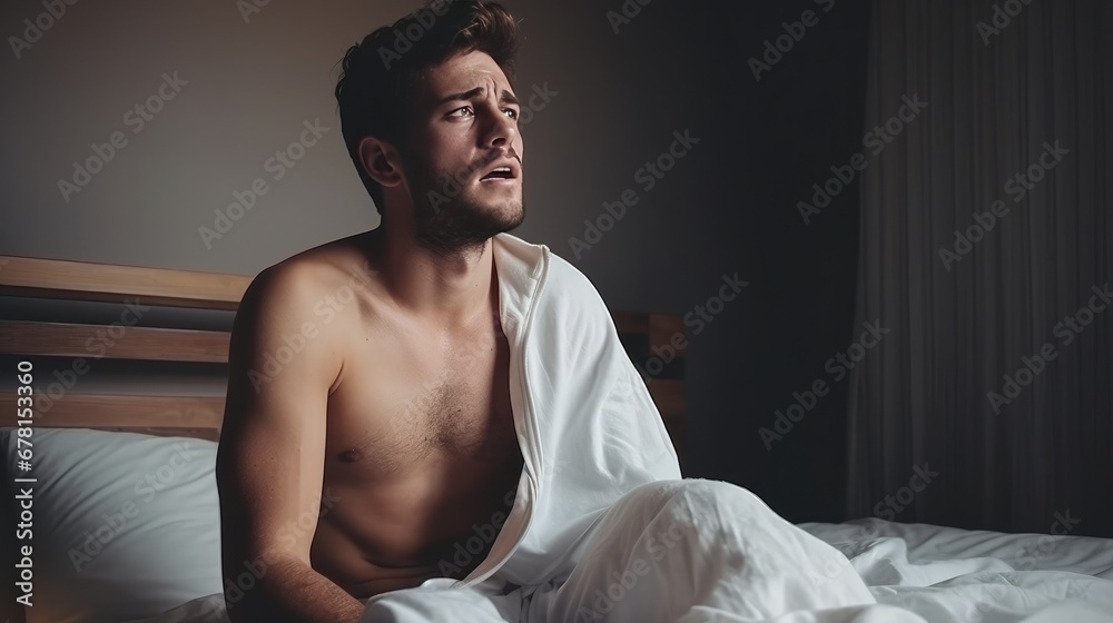 Young male holding his head in home environment. Headache and tiredness. Depressive state. Poor health and symptoms of a cold Young male holding his head in home environment. Headache and tiredness. Depressive state. Poor health and symptoms of a cold