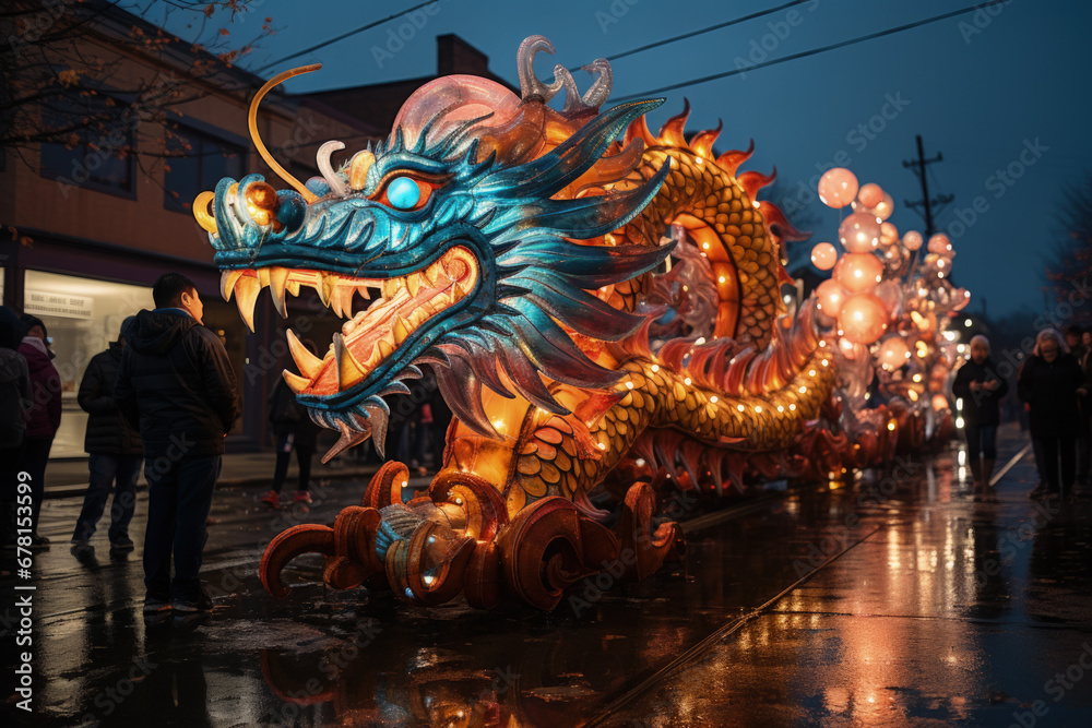 Dragon float procession lighting up New Years municipal parade festivities 