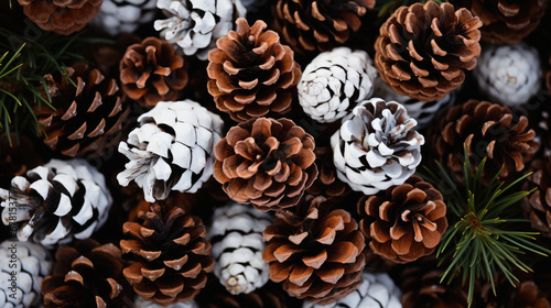 Pine cones background. Christmas or New Year decoration. Top view.