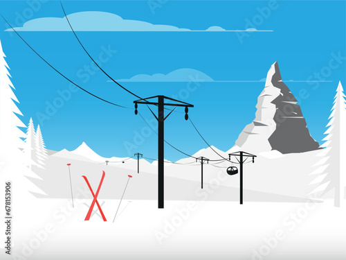 Mountain winter resort Alps, with  skis and poles. Snow landscape peaks, slopes. Travel 