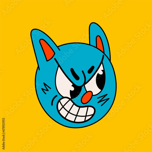 Retro style cartoon angry cat face. Groovy vintage 70s blue cat character angry muzzle.