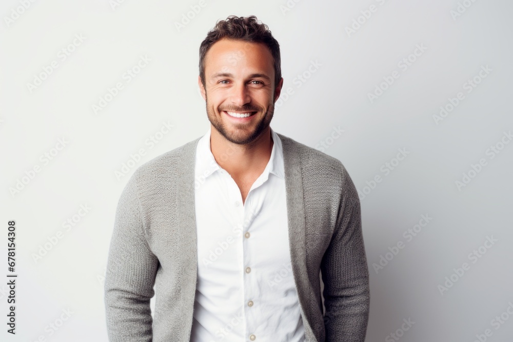 Portrait of a happy man in his 30s wearing a chic cardigan against a white background. AI Generation Portrait of a happy man in his 30s wearing a chic cardigan against a white background. AI Generation