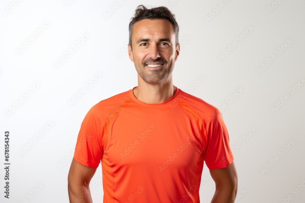 Portrait of a tender man in his 30s wearing a moisture-wicking running shirt against a white background. AI Generation Portrait of a tender man in his 30s wearing a moisture-wicking running shirt against a white background. AI Generation