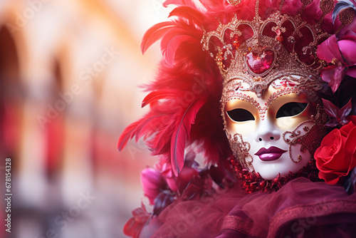 Red Venetian Carnival mask in Venice, Italy, The mask is the main focus of the picture, The mask has pink, purple and red feathers, a golden mask, a porcelain face with texture and cracks and red lips © alisaaa