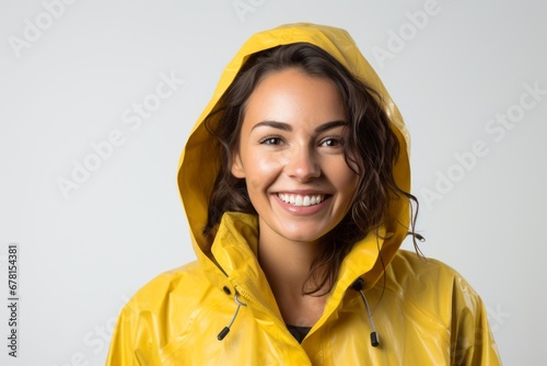 Portrait of a cheerful woman in her 40s sporting a waterproof rain jacket against a white background. AI Generation © CogniLens