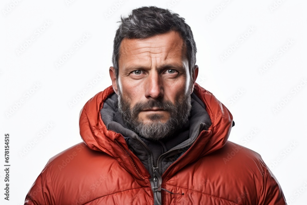 Portrait of a merry man in his 40s donning a durable down jacket against a white background. AI Generation Portrait of a merry man in his 40s donning a durable down jacket against a white background. AI Generation