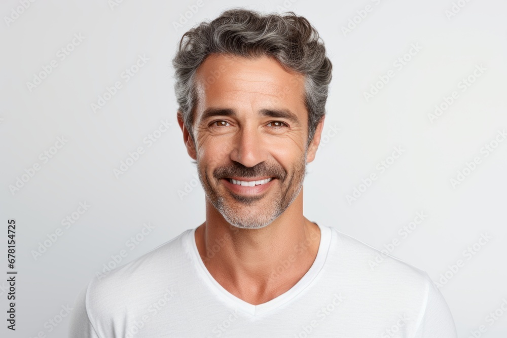 Portrait of a smiling man in his 50s wearing a simple cotton shirt against a white background. AI Generation Portrait of a smiling man in his 50s wearing a simple cotton shirt against a white background. AI Generation