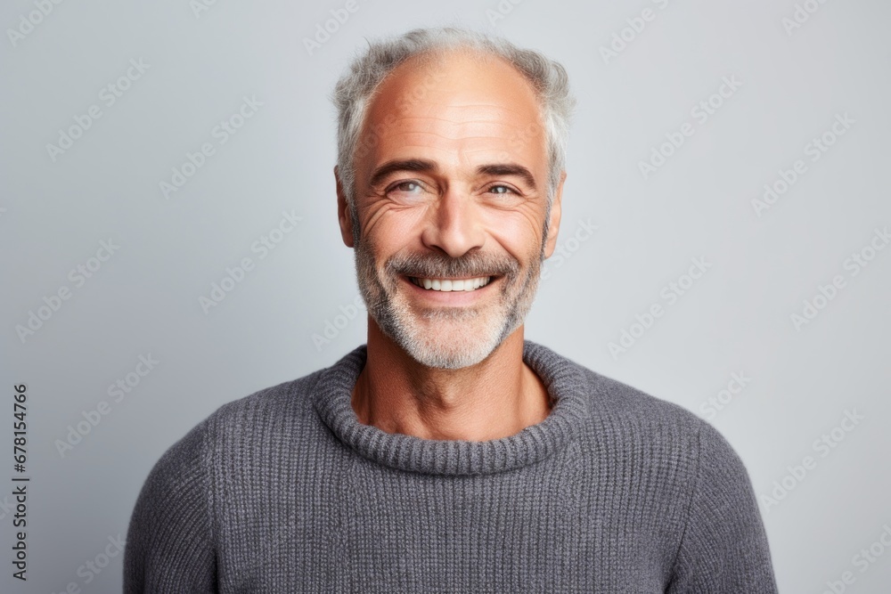 Portrait of a cheerful man in his 50s showing off a thermal merino wool top against a white background. AI Generation Portrait of a cheerful man in his 50s showing off a thermal merino wool top against a white background. AI Generation
