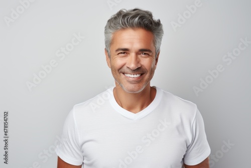 Portrait of a smiling man in his 50s wearing a simple cotton shirt against a white background. AI Generation