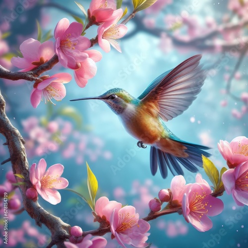 hummingbird in flight and flowers background photo