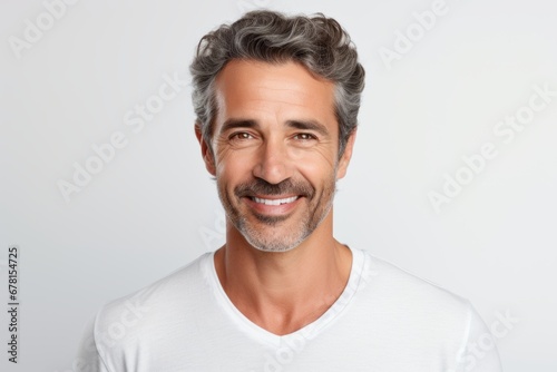 Portrait of a smiling man in his 50s wearing a simple cotton shirt against a white background. AI Generation