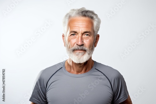 Portrait of a tender man in his 80s wearing a moisture-wicking running shirt against a white background. AI Generation © CogniLens