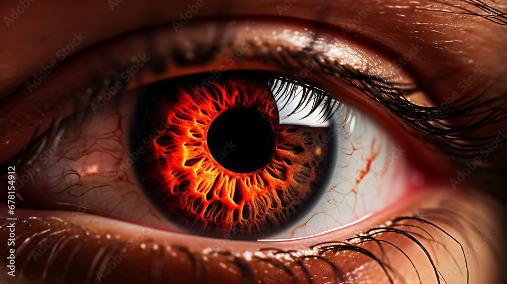 A close up beautiful eye. burning glowing fire in the eye ball