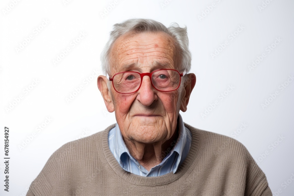 Portrait of a glad elderly man in his 90s donning a trendy cropped top against a white background. AI Generation Portrait of a glad elderly man in his 90s donning a trendy cropped top against a white background. AI Generation