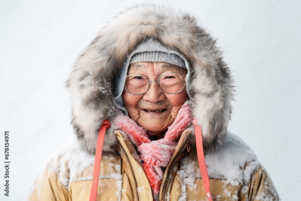 Portrait of a satisfied elderly 100 year old woman wearing a warm parka against a white background. AI Generation Portrait of a satisfied elderly 100 year old woman wearing a warm parka against a white background. AI Generation