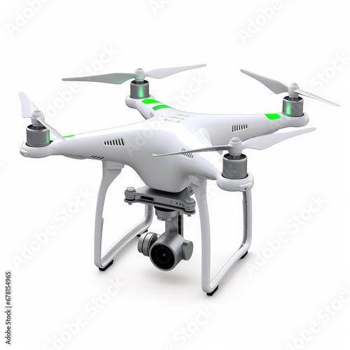 Sleek white drone with high-resolution camera, LED lights, and stabilizing gimbal, isolated on white.