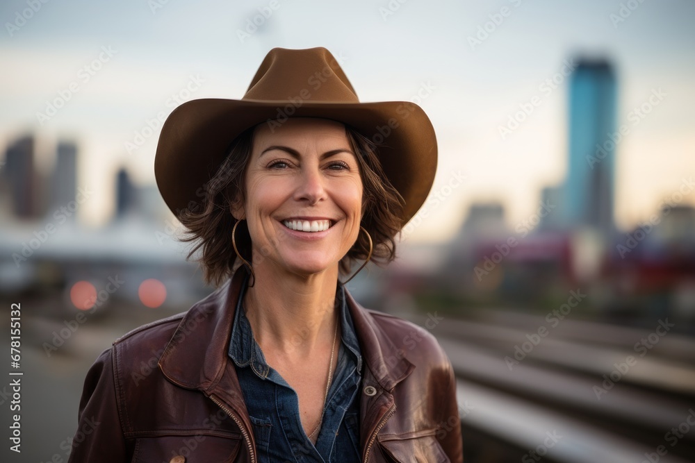 Portrait of a grinning woman in her 40s wearing a rugged cowboy hat against a vibrant city skyline. AI Generation