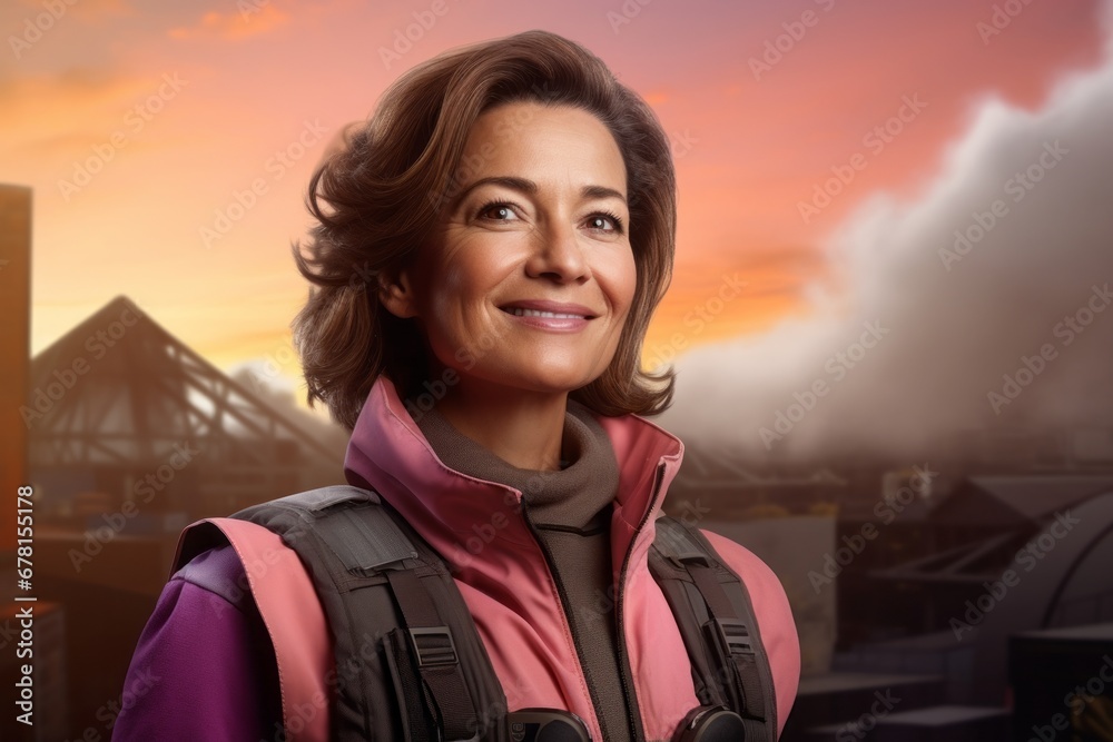 Portrait of a cheerful woman in her 40s dressed in a thermal insulation vest against a vibrant city skyline. AI Generation