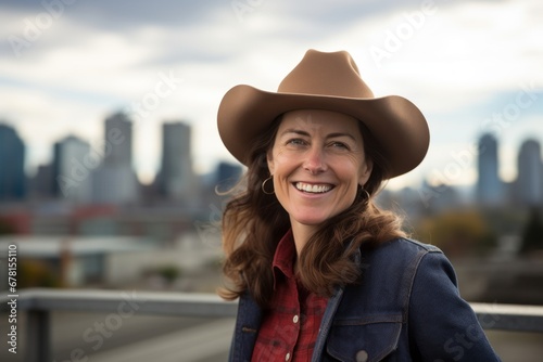 Portrait of a grinning woman in her 40s wearing a rugged cowboy hat against a vibrant city skyline. AI Generation © CogniLens