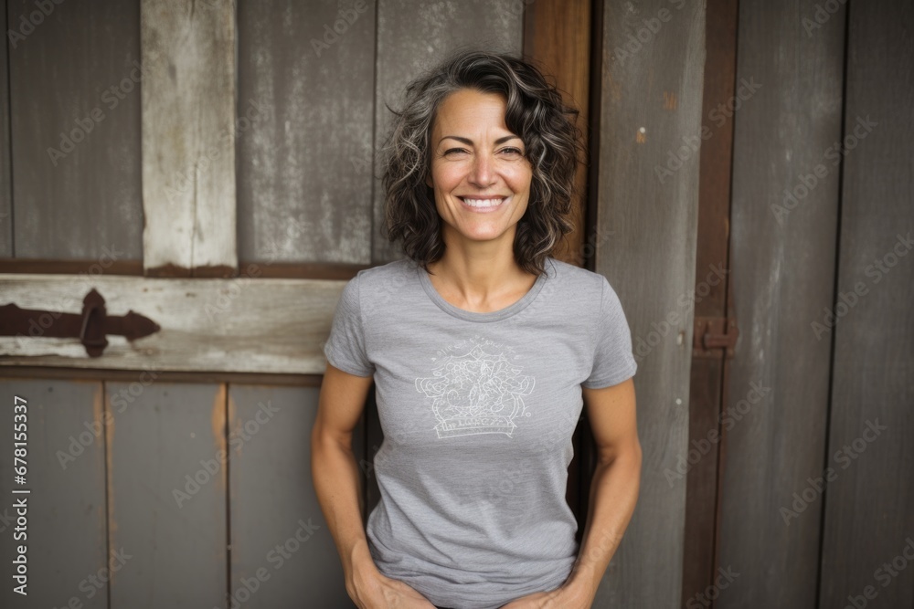 Portrait of a joyful woman in her 40s sporting a vintage band t-shirt against a rustic wooden wall. AI Generation Portrait of a joyful woman in her 40s sporting a vintage band t-shirt against a rustic wooden wall. AI Generation