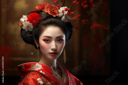 Portrait of a young Japanese woman in a traditional kimono costume