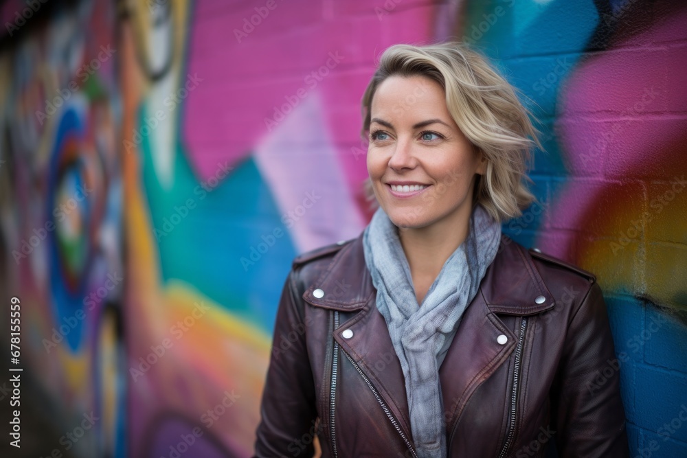 Portrait of a happy woman in her 40s sporting a classic leather jacket against a colorful graffiti wall. AI Generation