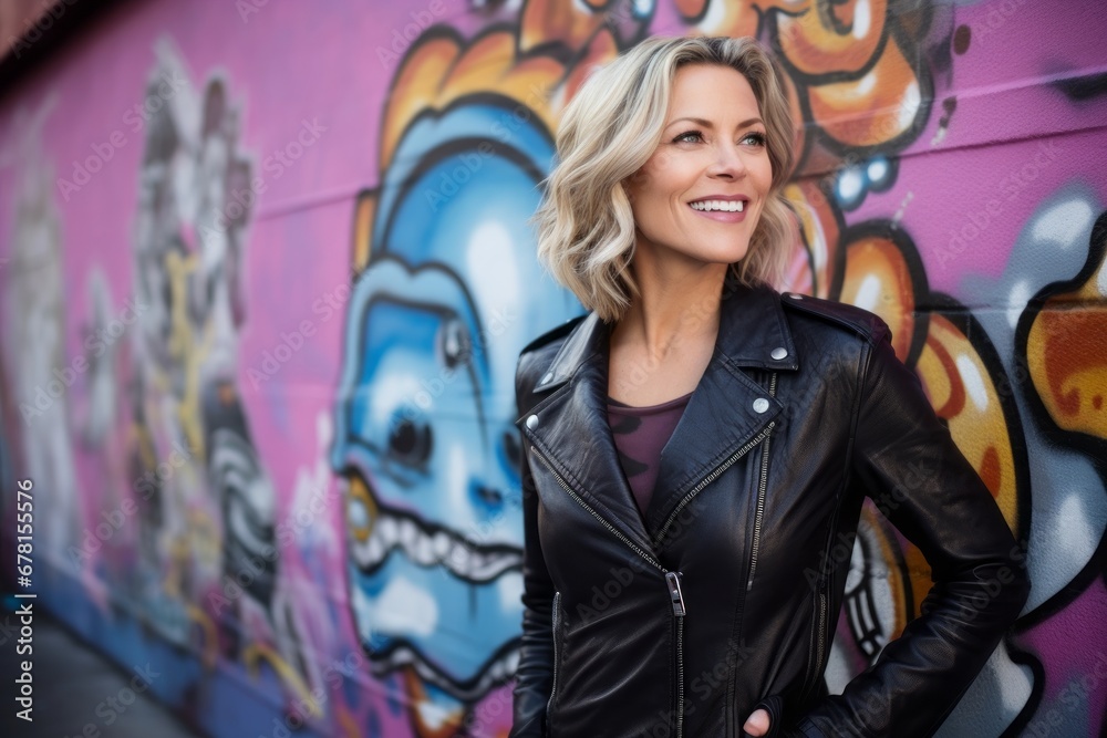 Obraz premium Portrait of a happy woman in her 40s sporting a classic leather jacket against a colorful graffiti wall. AI Generation