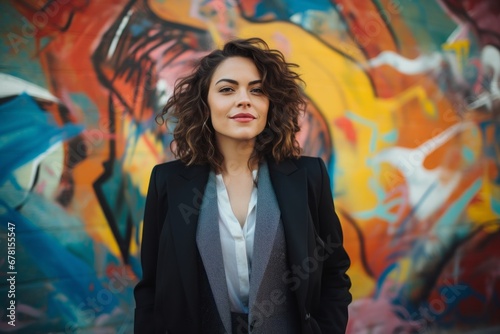 Portrait of a tender woman in her 30s wearing a professional suit jacket against a colorful graffiti wall. AI Generation © CogniLens