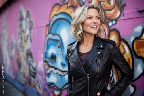 Portrait of a happy woman in her 40s sporting a classic leather jacket against a colorful graffiti wall. AI Generation