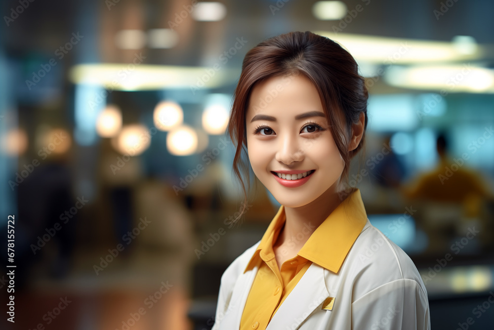 Young Asian businesswoman in professional attire, her smile exuding confidence and approachability Young Asian businesswoman in professional attire, her smile exuding confidence and approachability