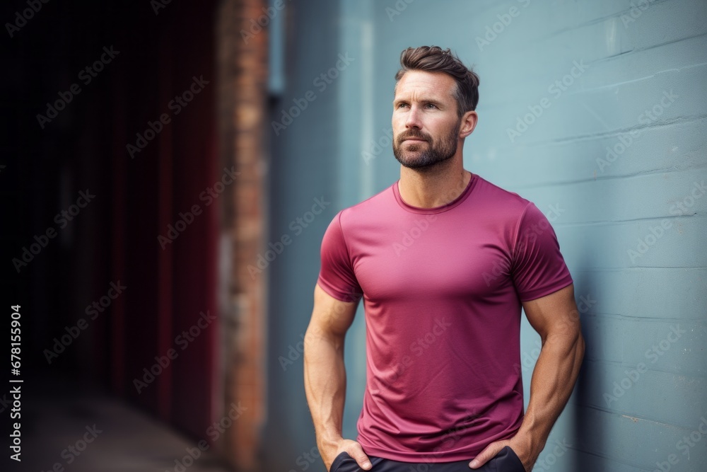 Portrait of a glad man in his 30s wearing a moisture-wicking running shirt against a vintage brick wall. AI Generation Portrait of a glad man in his 30s wearing a moisture-wicking running shirt against a vintage brick wall. AI Generation