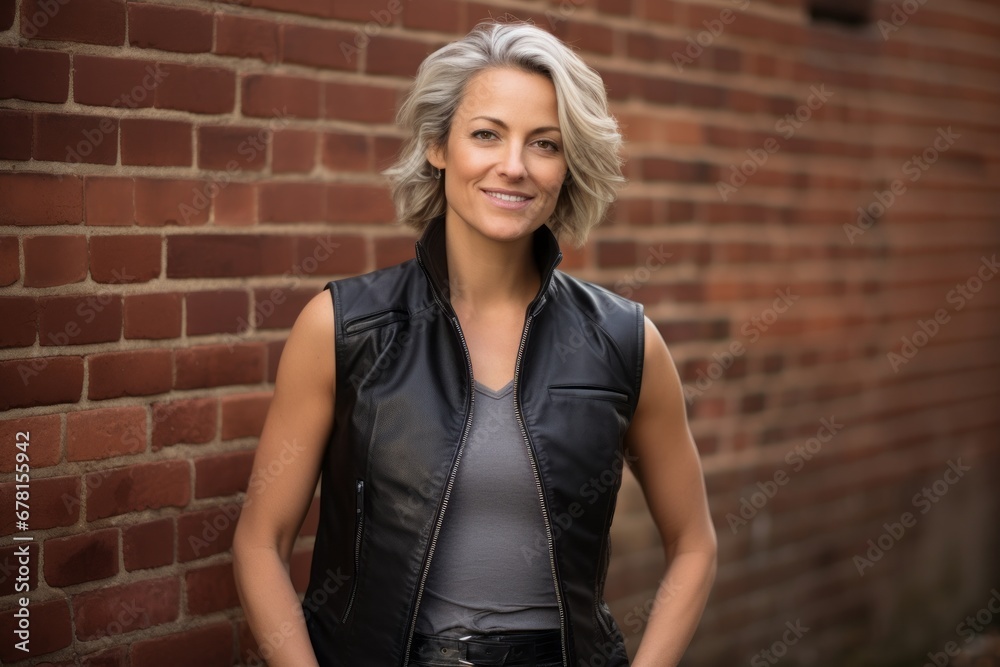 Portrait of a grinning woman in her 40s dressed in a polished vest against a vintage brick wall. AI Generation Portrait of a grinning woman in her 40s dressed in a polished vest against a vintage brick wall. AI Generation