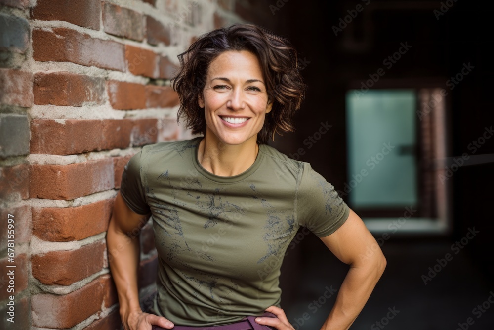 Portrait of a grinning woman in her 40s sporting a technical climbing shirt against a vintage brick wall. AI Generation