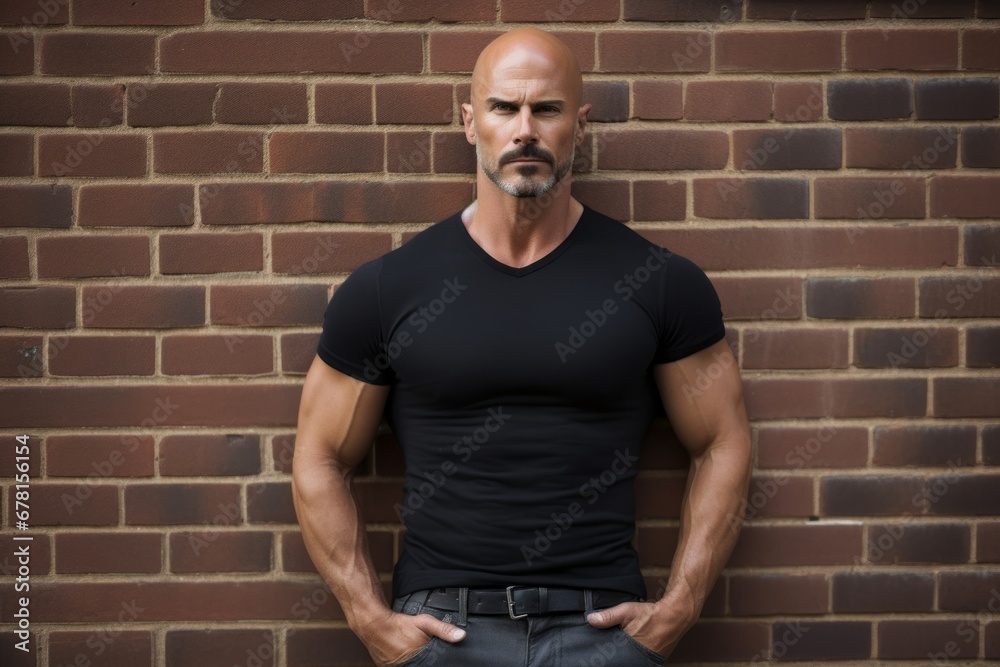 Portrait of a glad man in his 40s donning a trendy cropped top against a vintage brick wall. AI Generation Portrait of a glad man in his 40s donning a trendy cropped top against a vintage brick wall. AI Generation