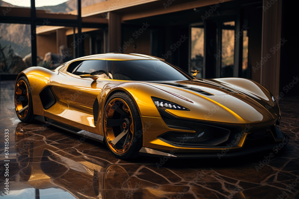 Futuristic golden sports super concept car in the city, street racing on expensive exclusive luxury auto