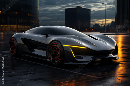 Futuristic sports super concept car in the city, street racing on expensive exclusive luxury auto