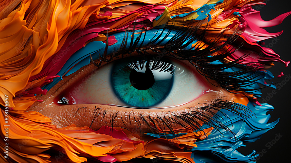 close up of a eye in the colors of the paint.