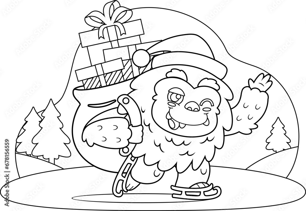 Outlined Smiling Santa Yeti Bigfoot Cartoon Character With Christmas Bag Waving. Vector Hand Drawn Illustration Isolated On Transparent Background