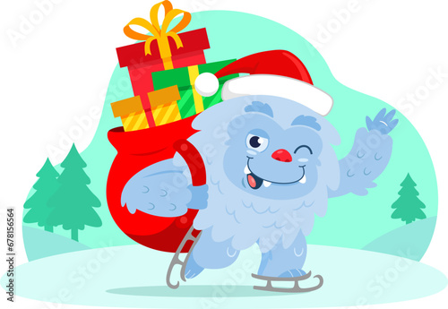 Smiling Santa Yeti Bigfoot Cartoon Character With Christmas Bag Waving. Vector Illustration Flat Design Isolated On Transparent Background