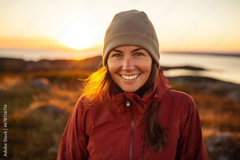 Portrait of a smiling woman in her 30s wearing a windproof softshell against a vibrant sunset horizon. AI Generation Portrait of a smiling woman in her 30s wearing a windproof softshell against a vibrant sunset horizon. AI Generation
