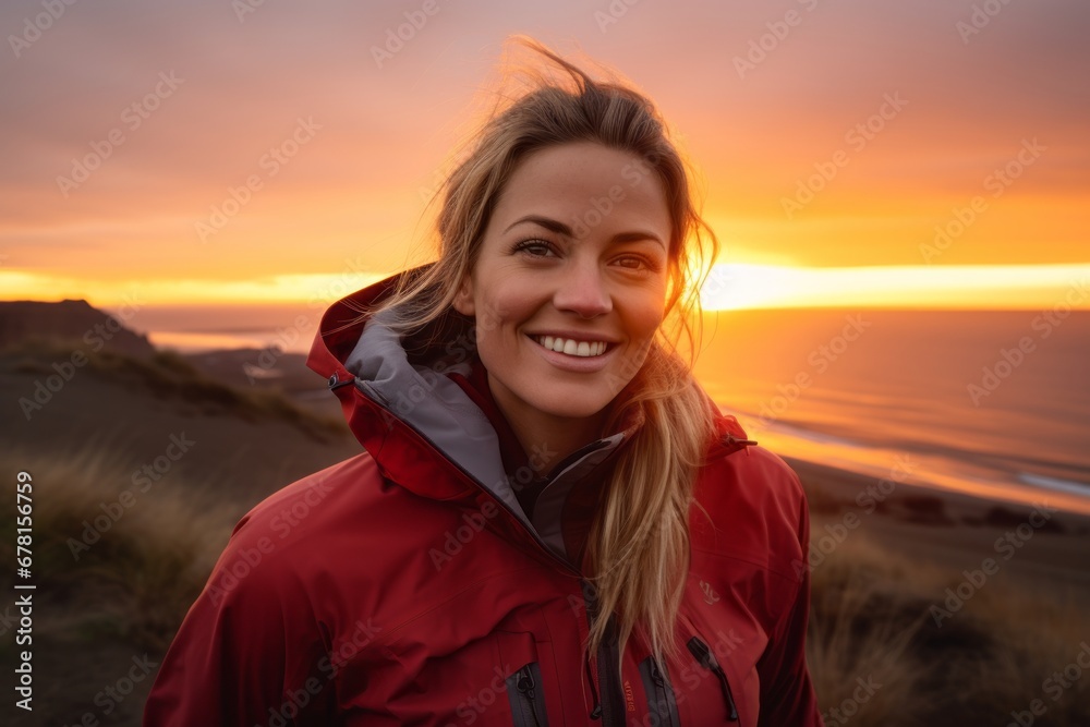 Portrait of a smiling woman in her 30s wearing a windproof softshell against a vibrant sunset horizon. AI Generation