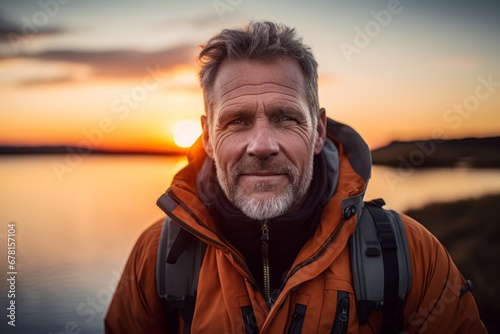 Portrait of a glad man in his 50s dressed in a water-resistant gilet against a vibrant sunset horizon. AI Generation