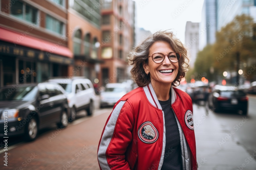 Portrait of a happy woman in her 50s sporting a stylish varsity jacket against a busy urban street. AI Generation