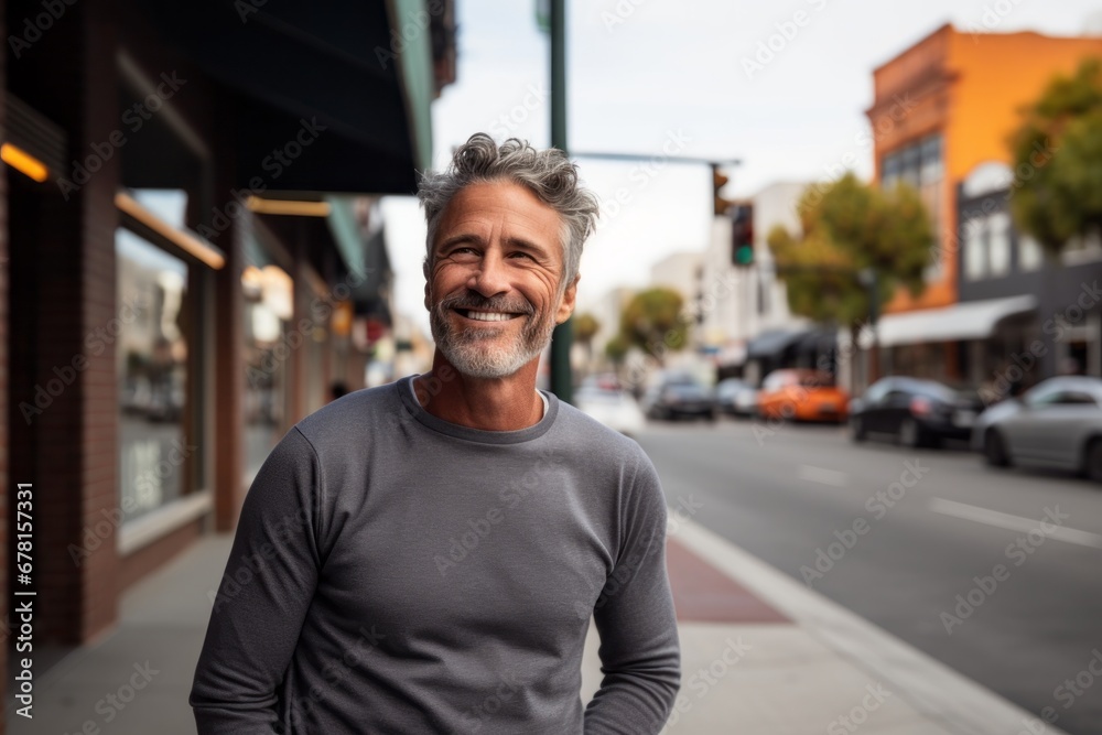 Portrait of a happy man in his 50s sporting a long-sleeved thermal undershirt against a busy urban street. AI Generation Portrait of a happy man in his 50s sporting a long-sleeved thermal undershirt against a busy urban street. AI Generation