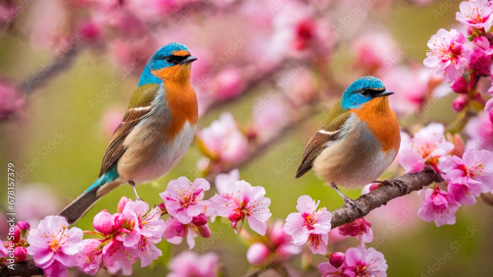 Little spring bird on a branch of a blossoming tree, blooming pink flowers, songbird in springtime