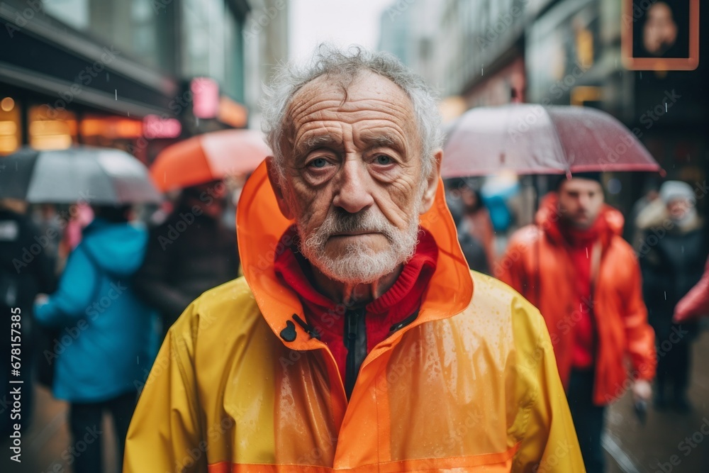 Portrait of a content man in his 70s wearing a vibrant raincoat against a busy urban street. AI Generation